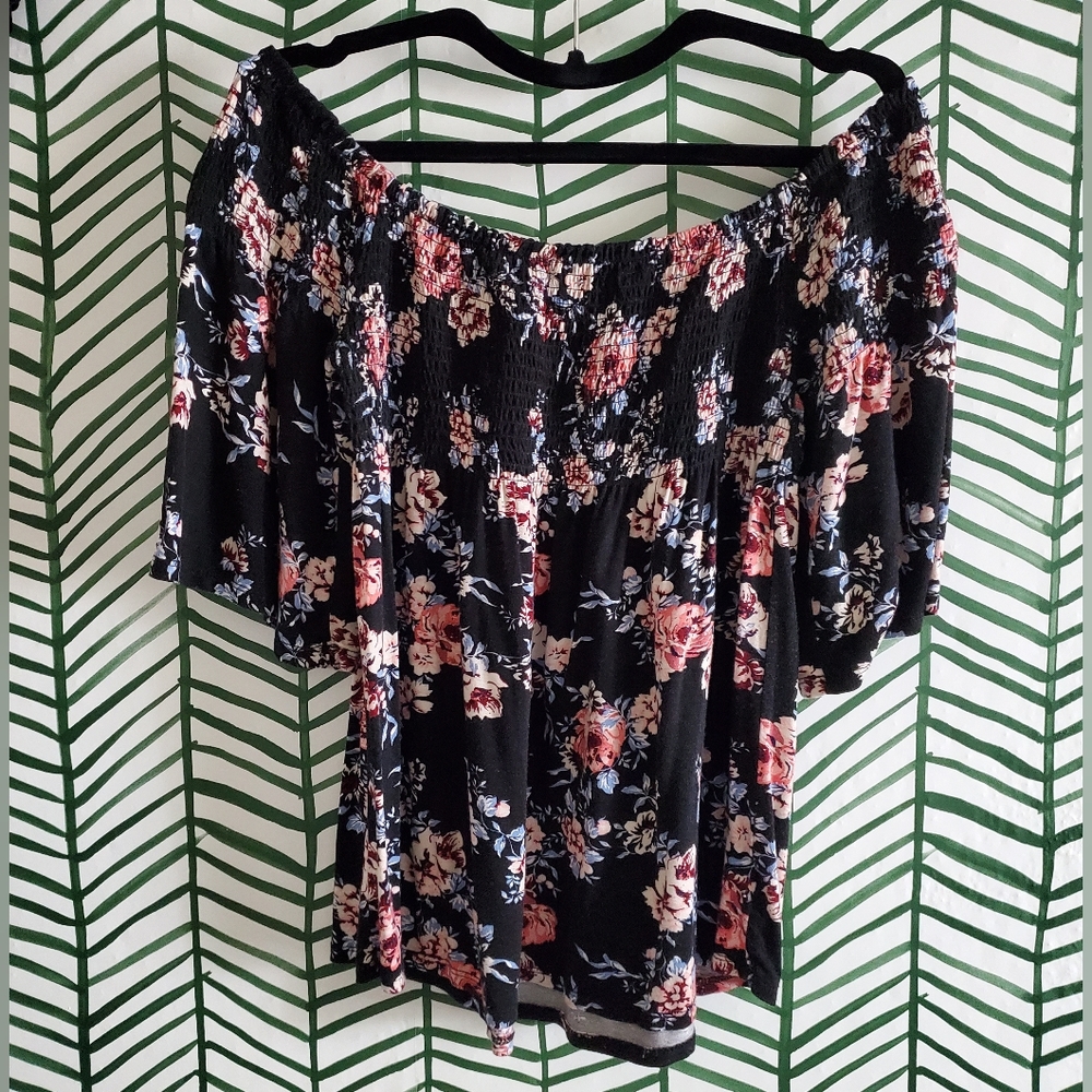 Rewind ladies off shoulder ruched top size L top black/floral